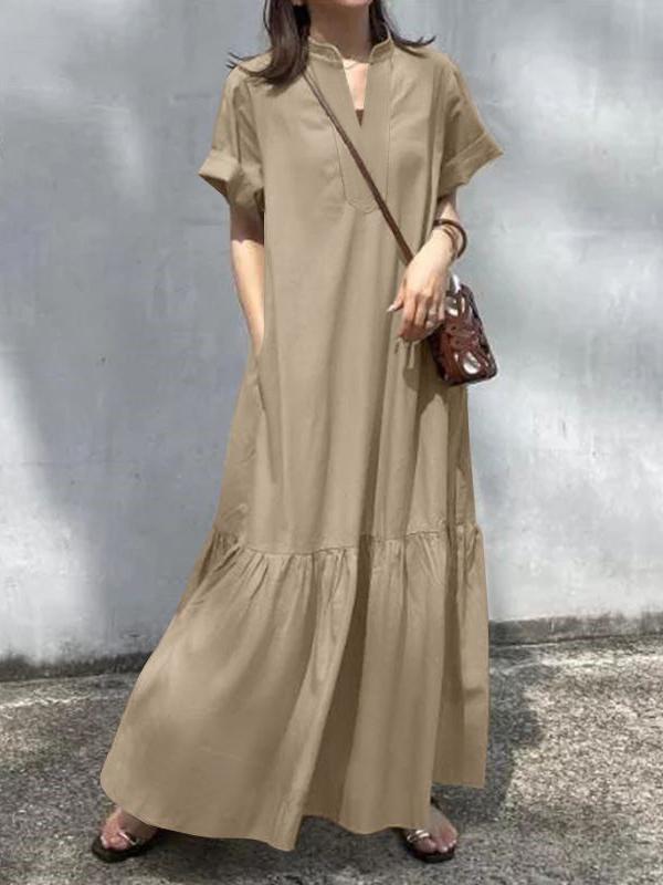 A-Line Loose Solid Color Split-Joint V-Neck Maxi Dresses Product Image