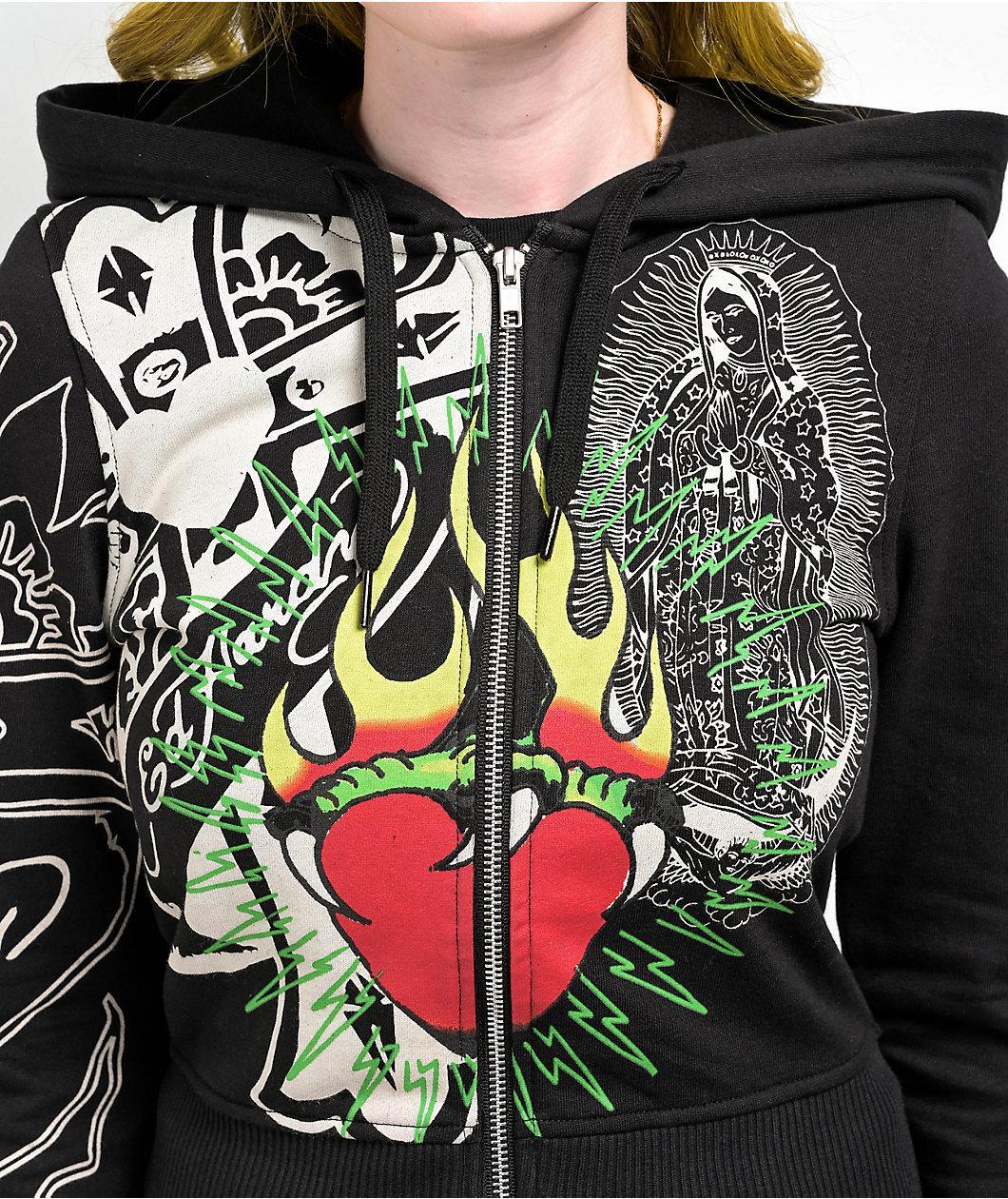 Ed Hardy Sacred Heart Black Crop Zip Hoodie Product Image