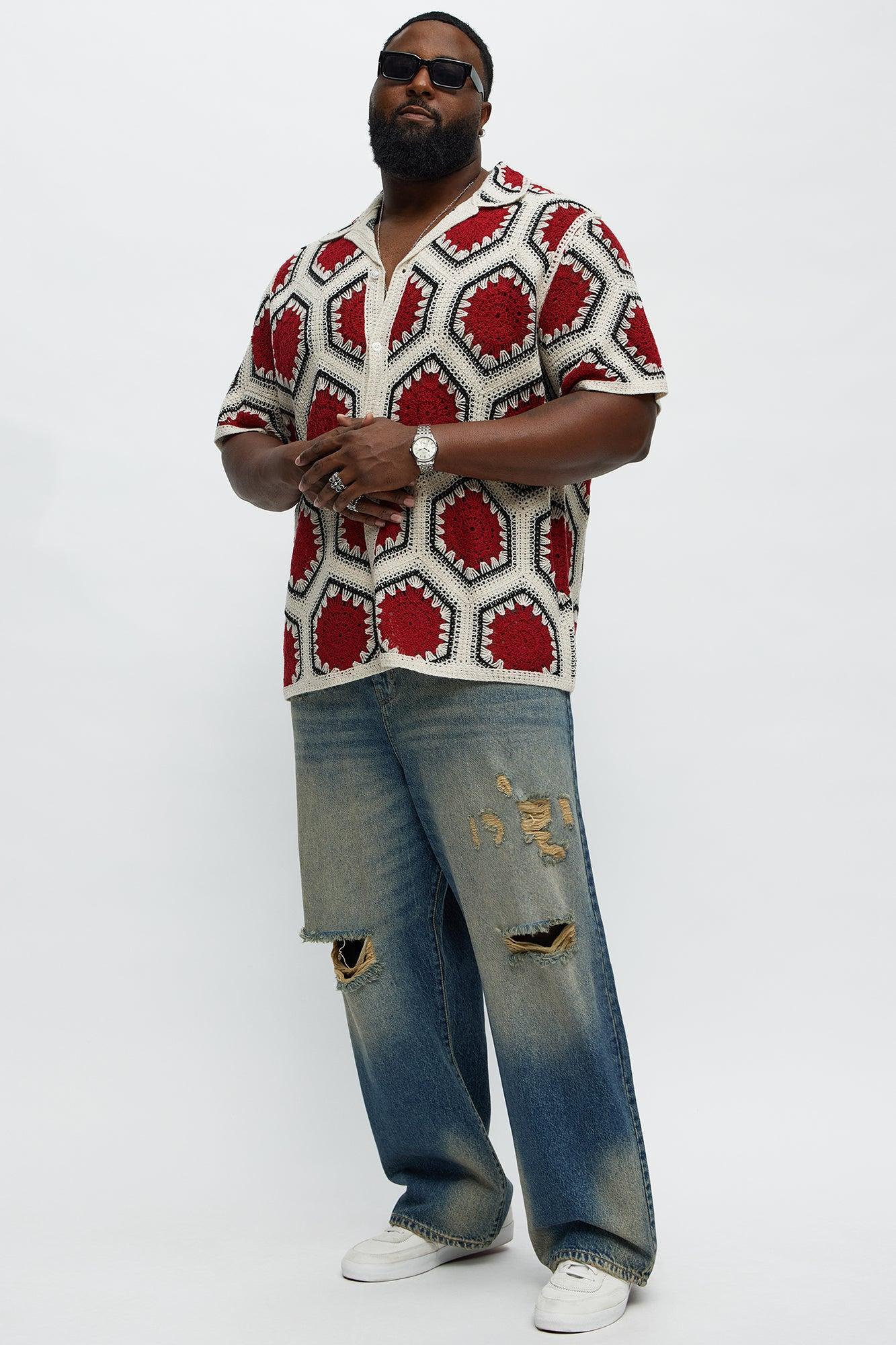 Vacay Vibes Crochet Button Up Shirt - Red/combo Male Product Image