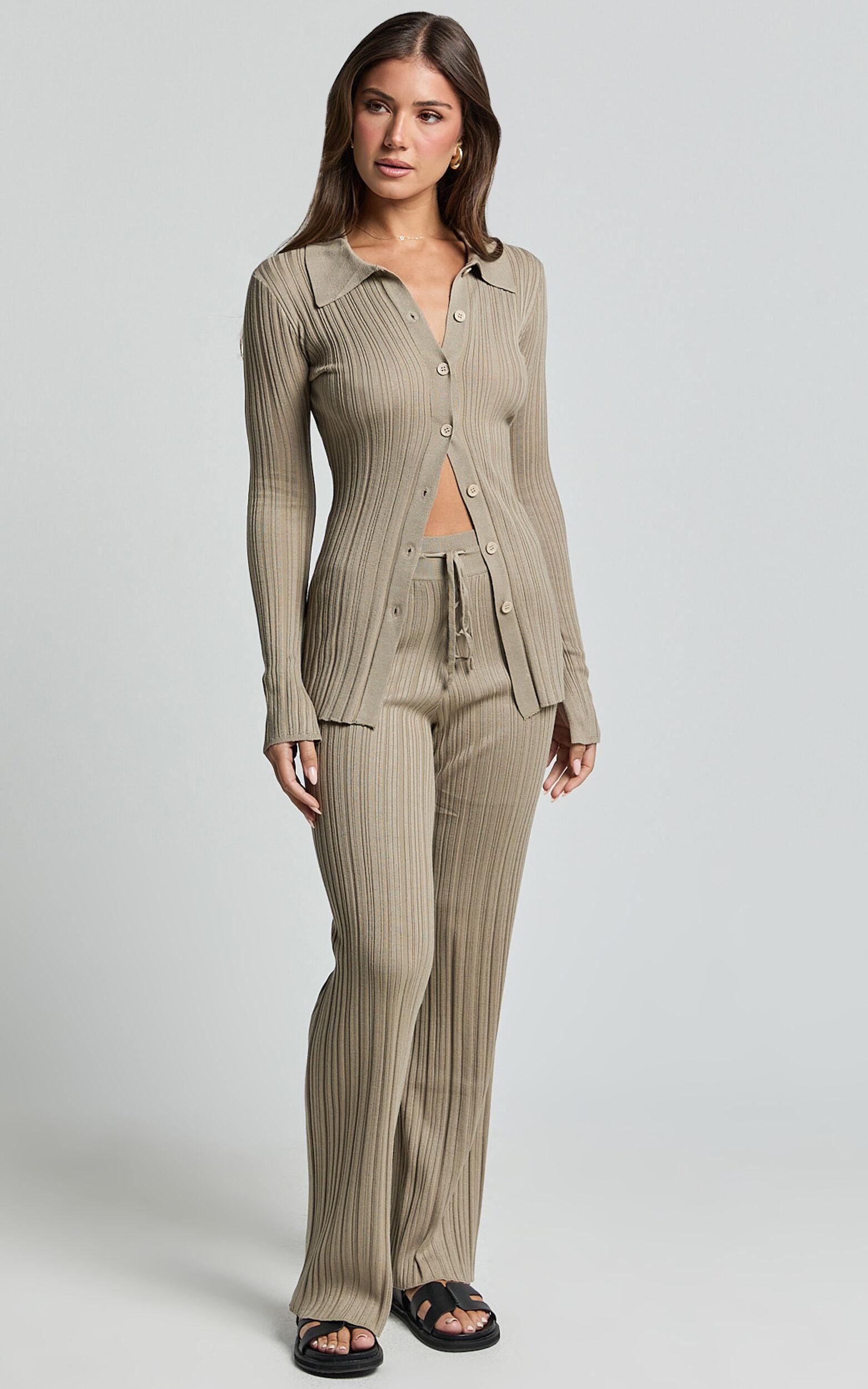 Kelsey Top - Button Through Long Sleeve Knitted Top in Taupe Product Image