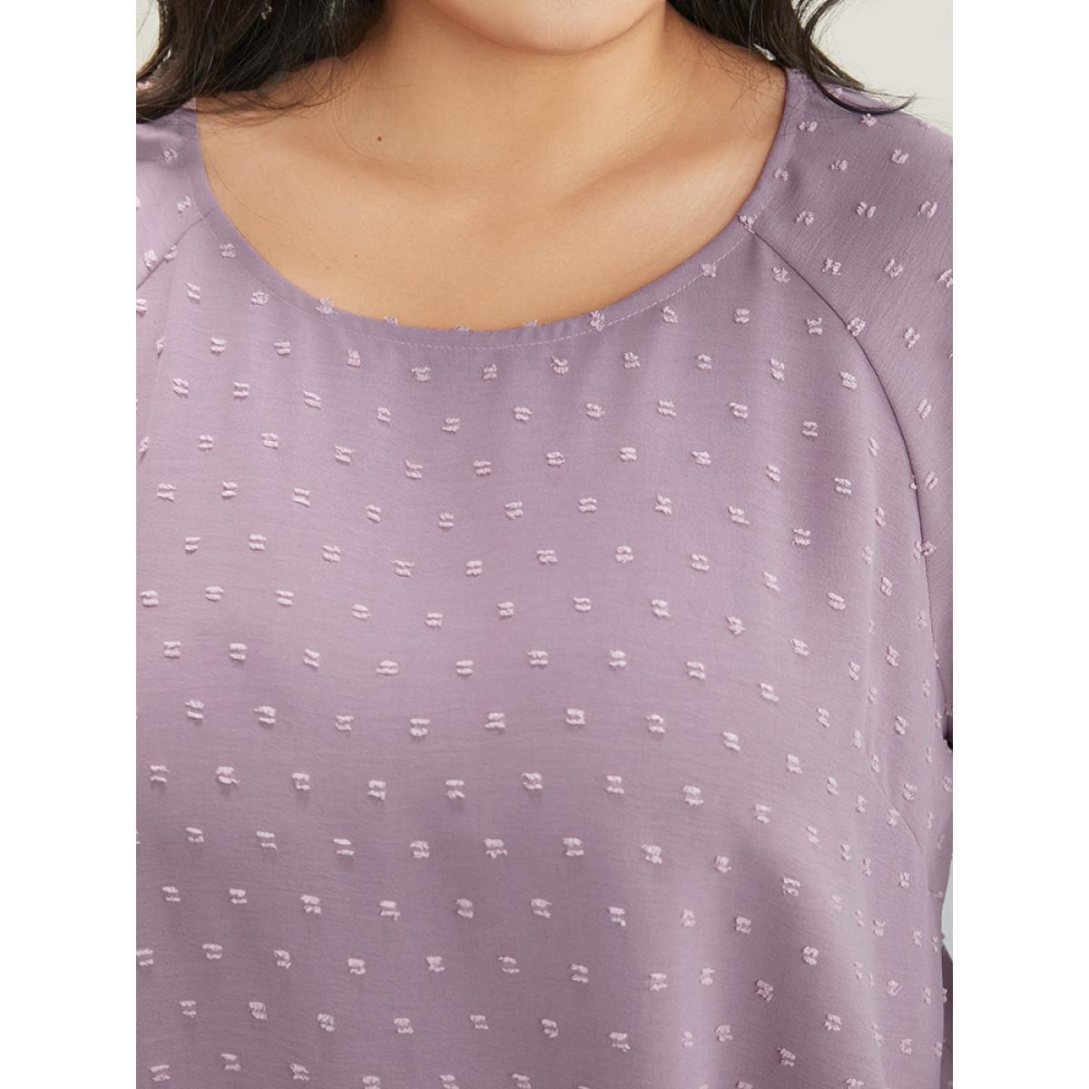Plus Size Mauve Polka Dot Round Neck Ruffle Sleeve Blouse Women Casual Elbow-length sleeve Round Neck Dailywear Blouses BloomChic 10/M Product Image