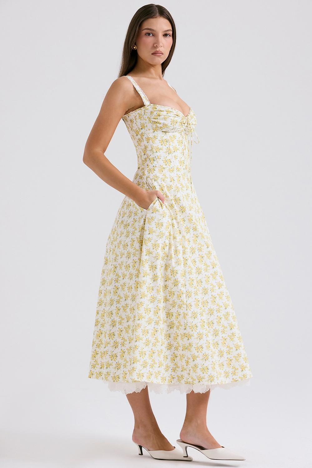 Saira Soft Blue Vintage Floral Print Cotton Midi Sundress Product Image