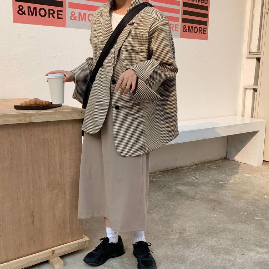 Plaid Single-Breasted Blazer / High Waist Midi A-Line Skirt Product Image