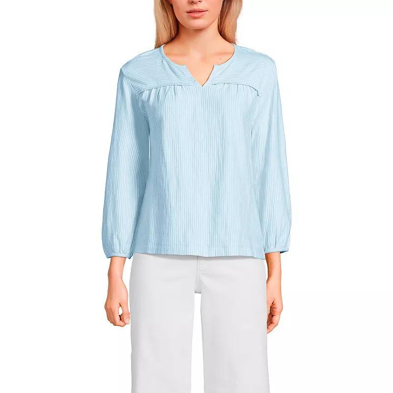 Women's Lands' End 3/4 Sleeve Slub Notch Neck Top, Size: Large, White Green Stripe Product Image