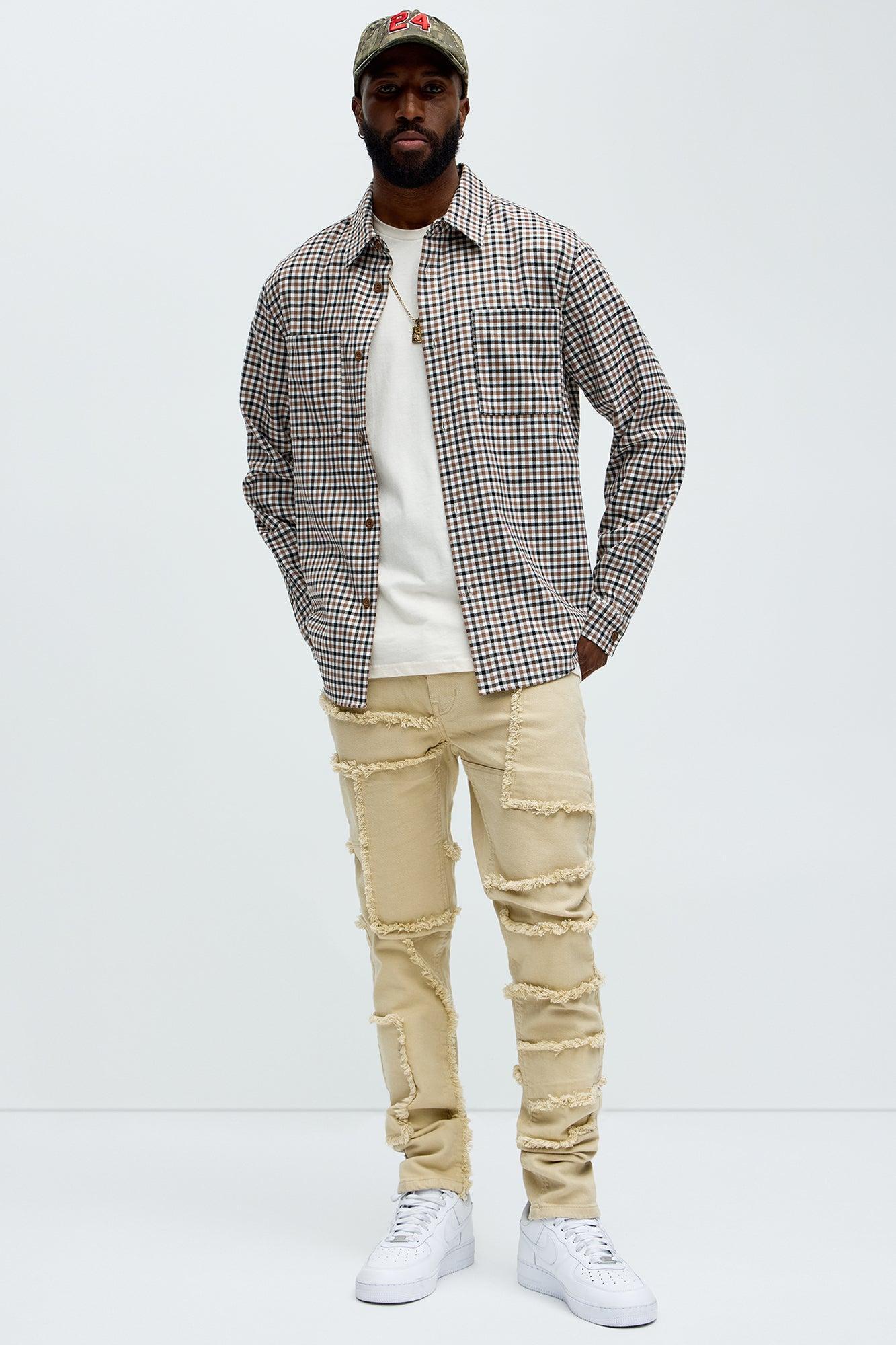 Paneled Frayed Stacked Skinny Pants - Tan Product Image
