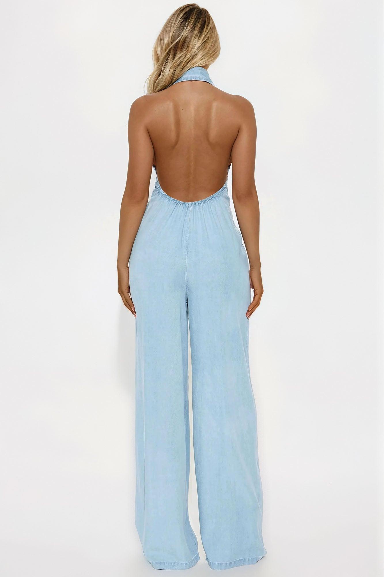 Cherie Chambray Halter Jumpsuit - Light Wash Product Image