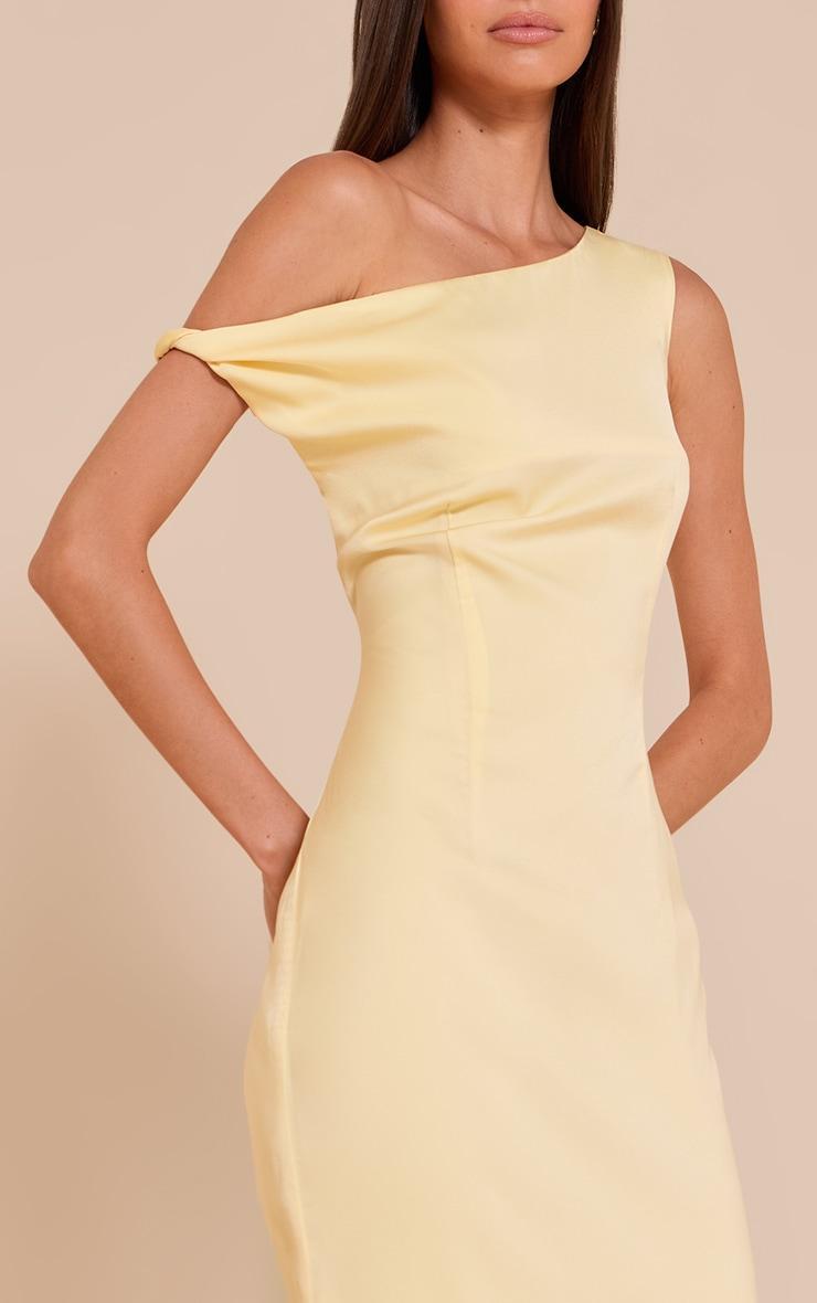 Lemon Satin Asymmetric Bardot Twist Maxi Dress Product Image