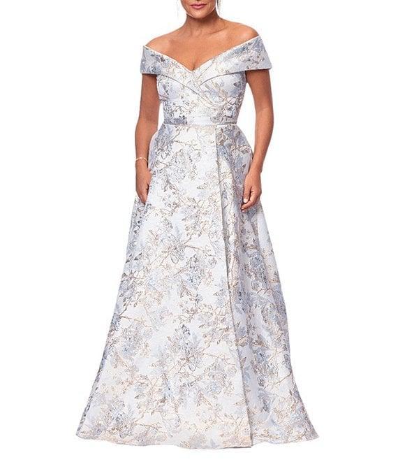 Xscape Brocade Floral Print Sweetheart Neck Short Sleeve A-Line Gown Product Image