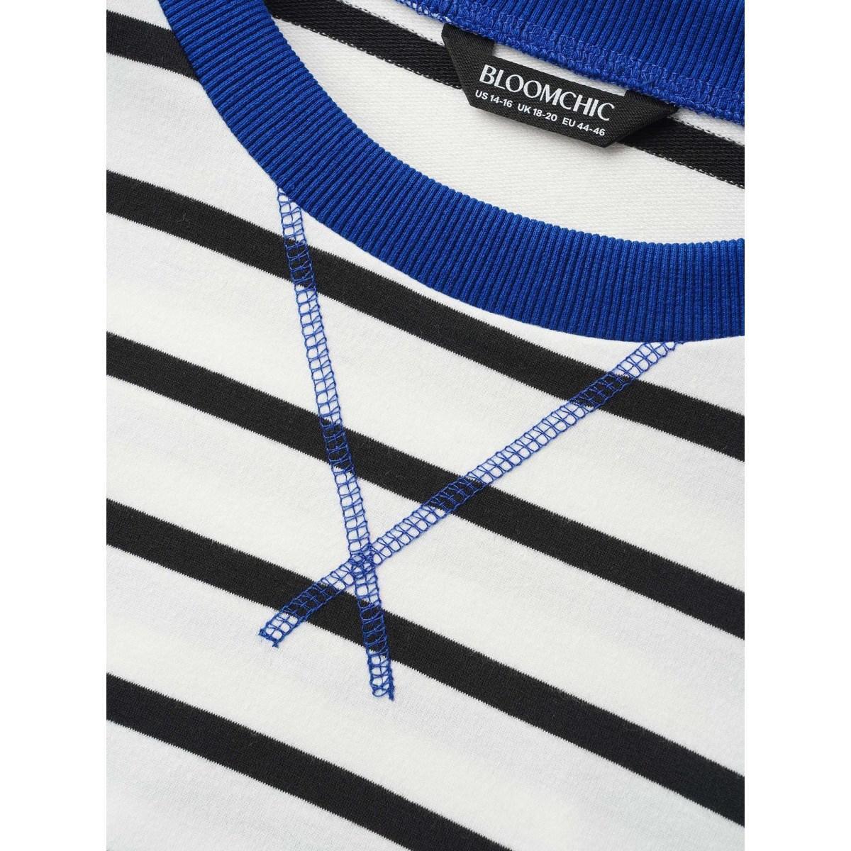 Plus Size Striped Contrast Trim Stitch Sweatshirt Women Black Casual Topstitching Round Neck Everyday Sweatshirts BloomChic 14-16/1X Product Image