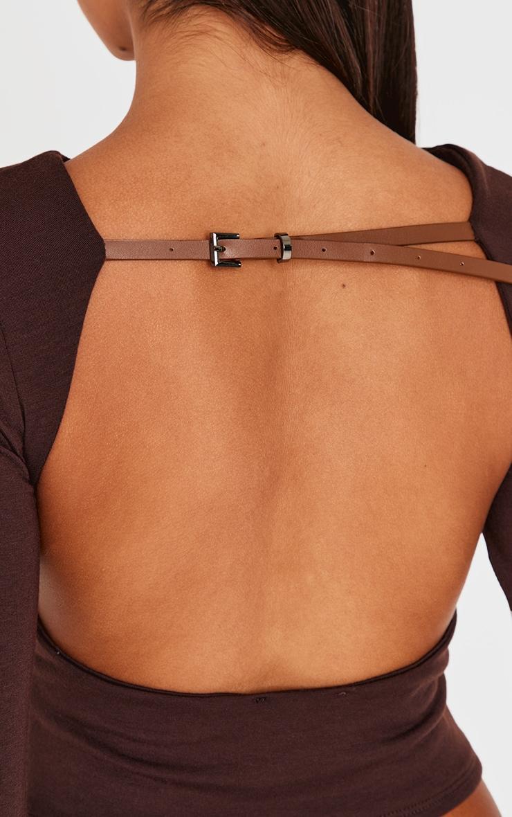 Chocolate Contour Jersey Buckle Detail Backless Long Sleeve Top Product Image