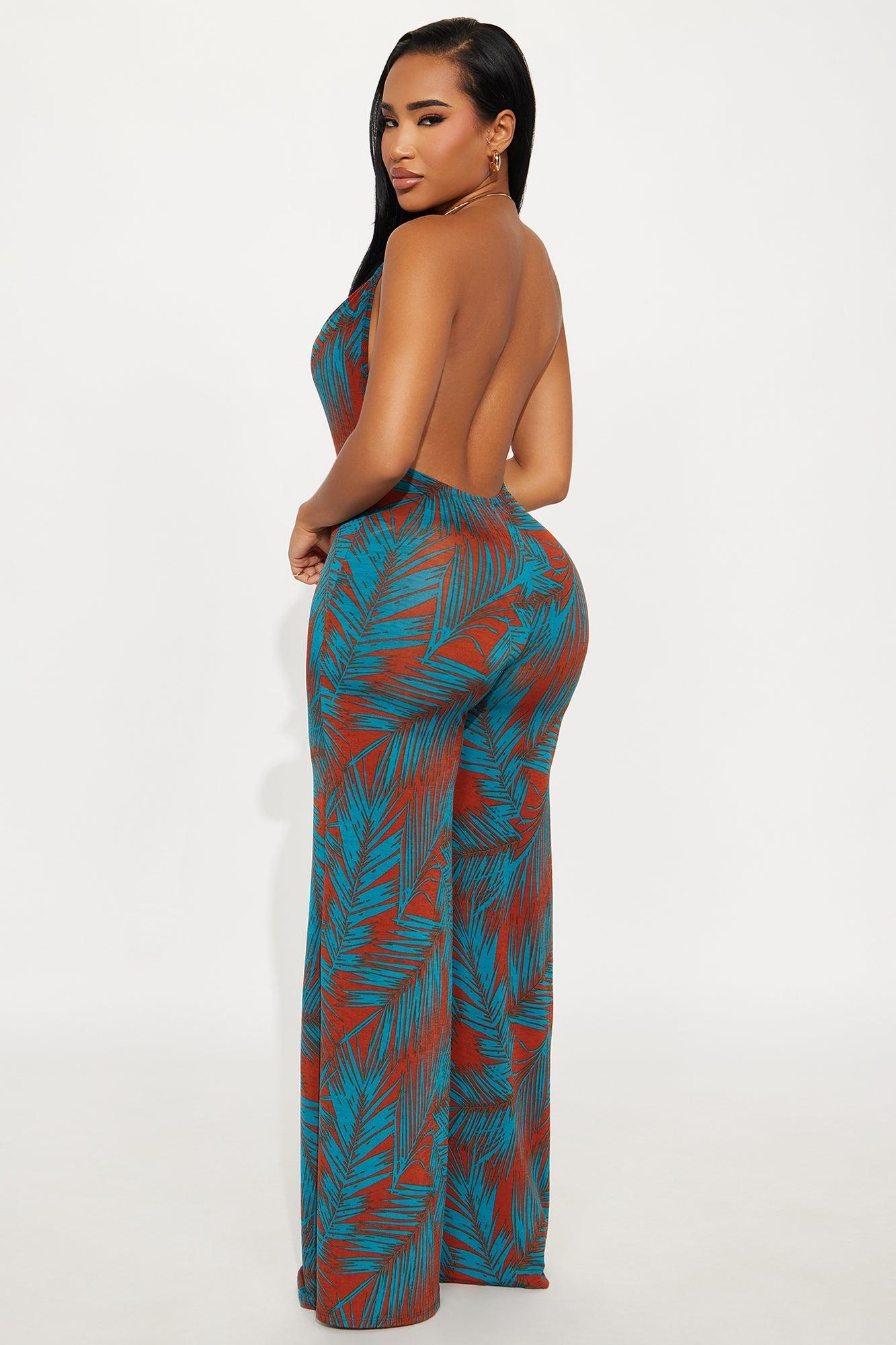 Relaxed And Ready Backless Deep V Jumpsuit - Teal/combo Product Image