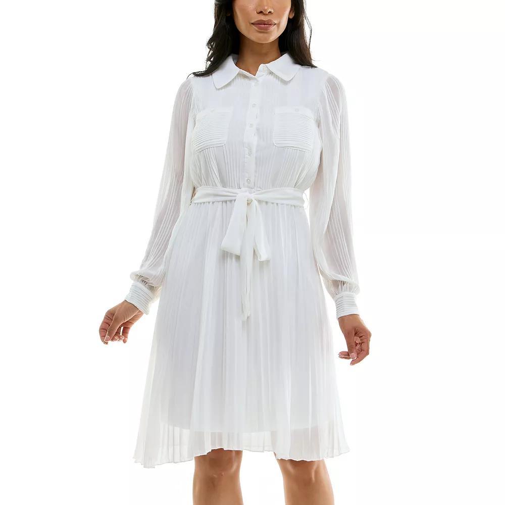 Women's Nina Leonard Pleated Dress with Tie Sash, Size: Large, Ivory Product Image