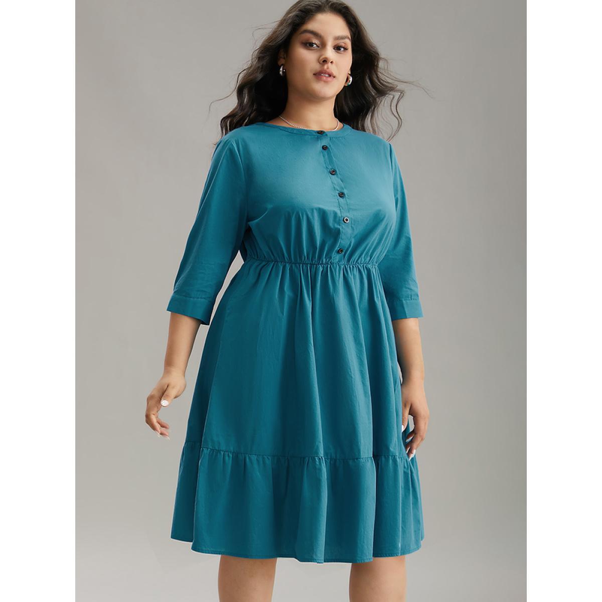 Plus Size Solid Button Up Ruffles Pocket Gathered Dress Aegean Women Office Plain Round Neck Elbow-length sleeve Curvy Midi Dress BloomChic 28/5X Product Image