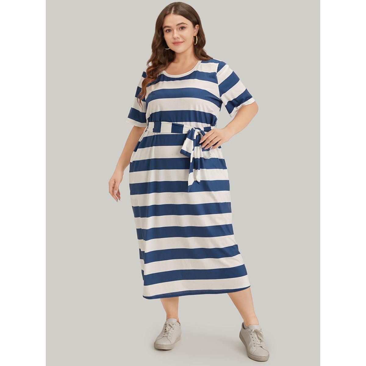 Plus Size Striped Ties Pocket Crew Neck Dress Cerulean Women Casual Belted Round Neck Short sleeve Curvy Midi Dress BloomChic 14-16/1X Product Image