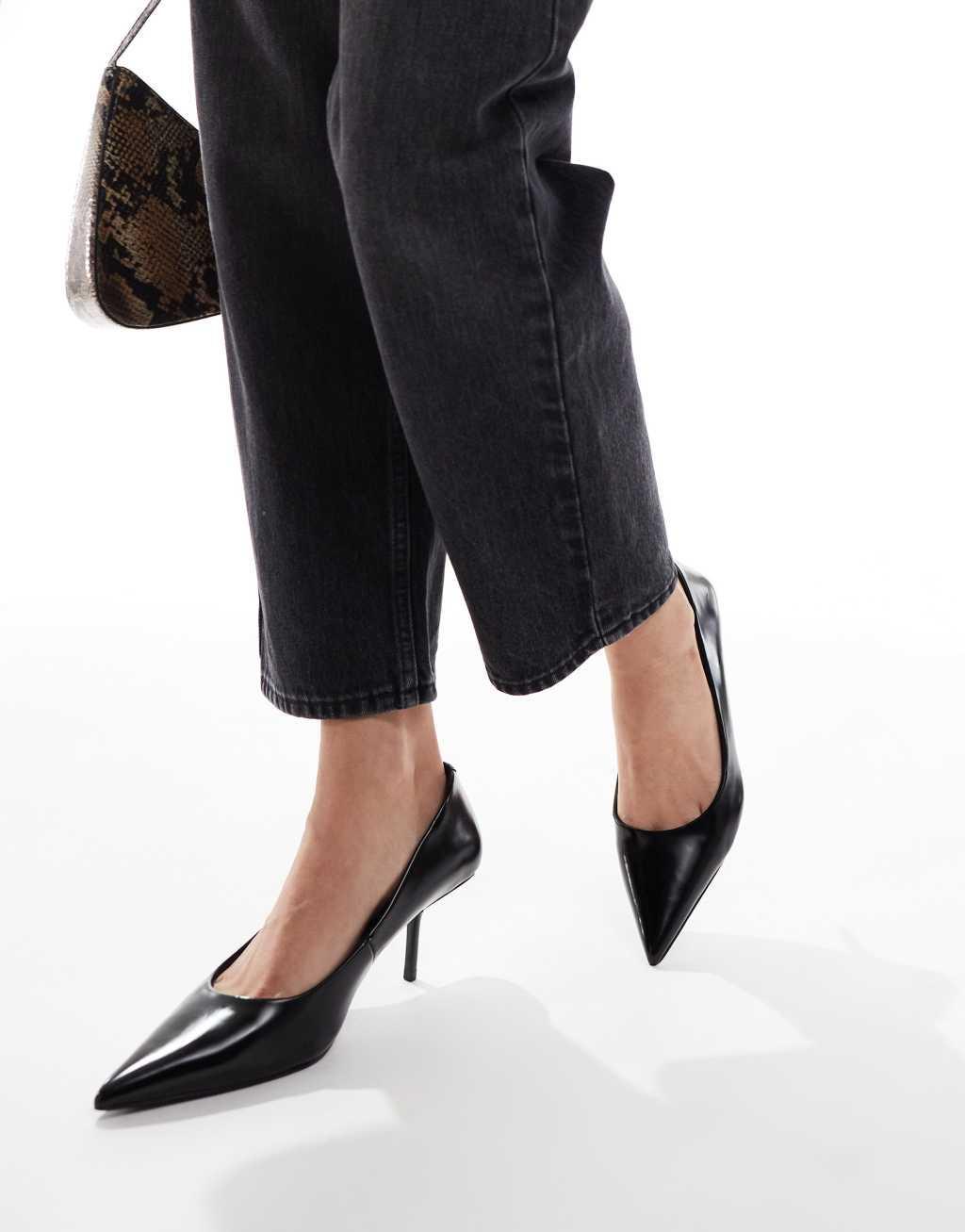ASOS DESIGN Snatched pointed mid heeled pumps in black Product Image