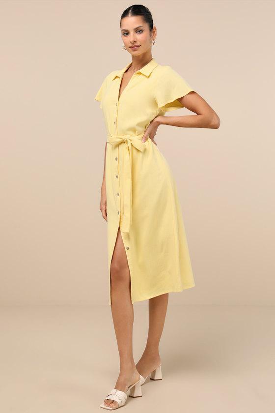 Italian Summer Light Yellow Linen Button-Up Short Sleeve Dress Product Image