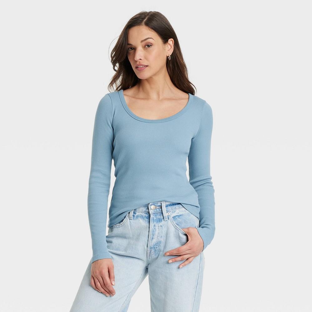 Womens Long Sleeve Rib Scoop Neck T-Shirt - Universal Thread Teal Blue L Product Image