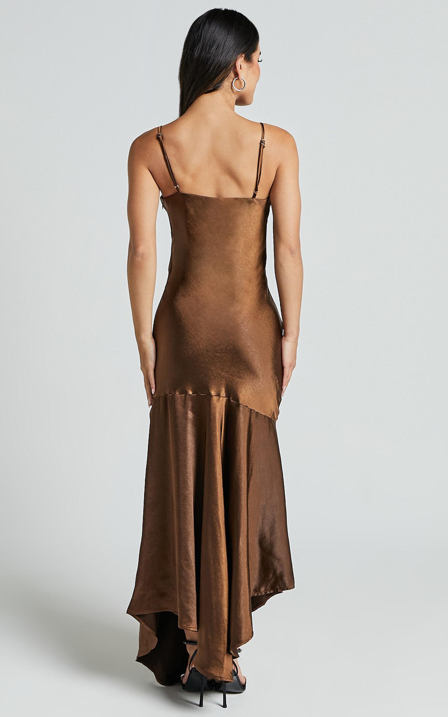 Etienne Midi Dress - Asymmetric Hem Satin Slip Dress in Chocolate Product Image