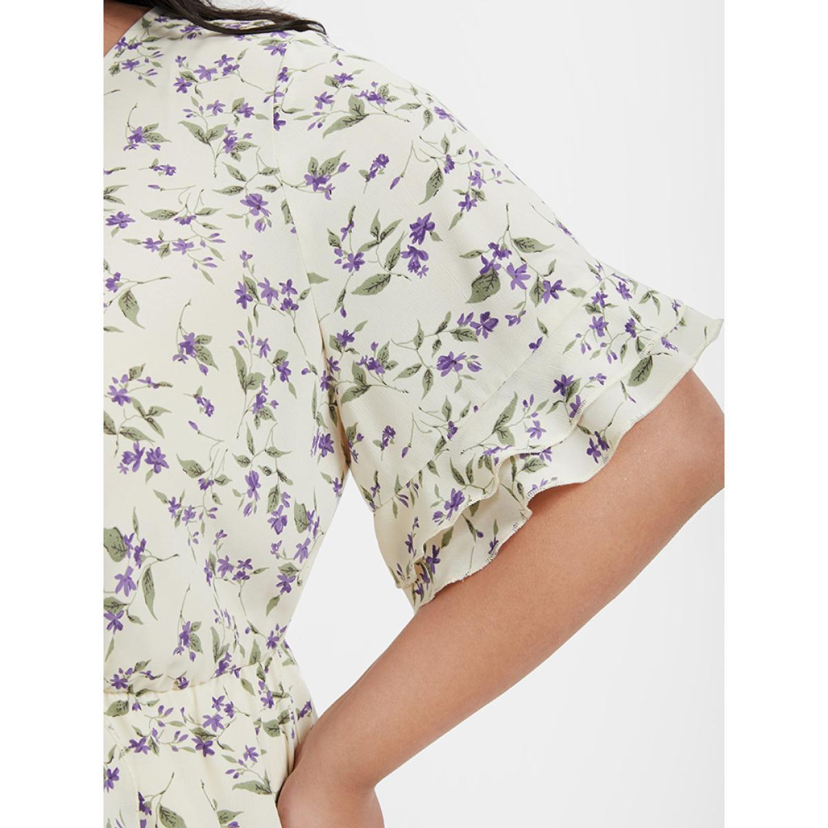 Plus Size Ditsy Floral Arc Hem Ruffled Wrap Dress Apricot Women Elegant Printed V-neck Short sleeve Curvy Midi Dress BloomChic 22-24/3X Product Image