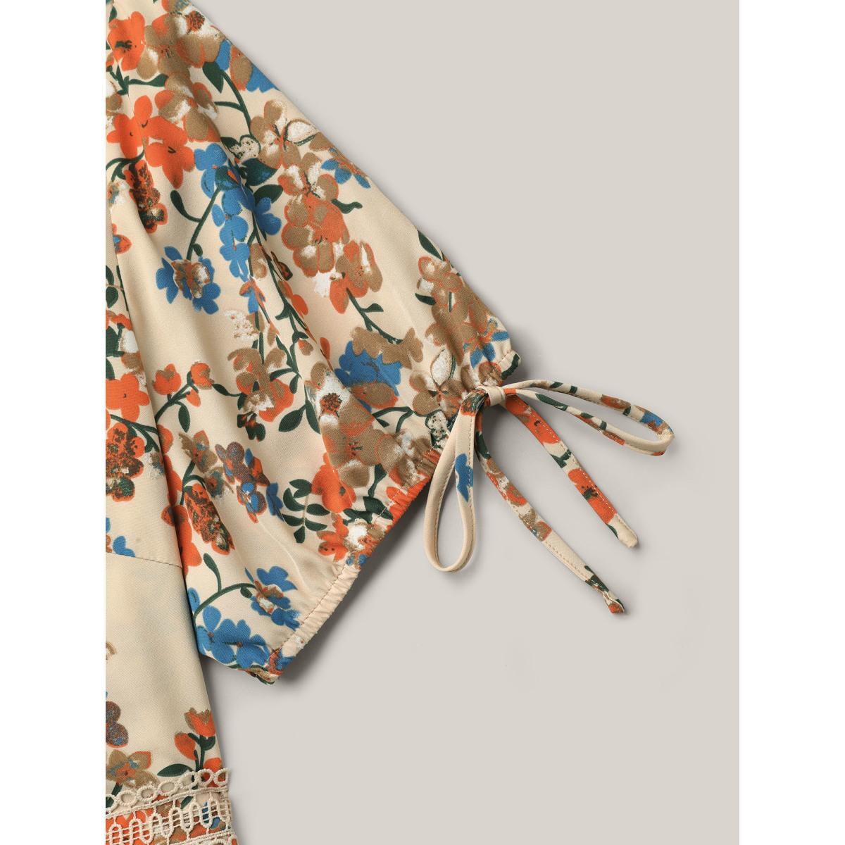 Plus Size Floral Pring Lace Detail Tied Midi Dress Apricot Women Elegant Woven ribbon&lace trim V-neck Short sleeve Curvy BloomChic 18-20/2X Product Image