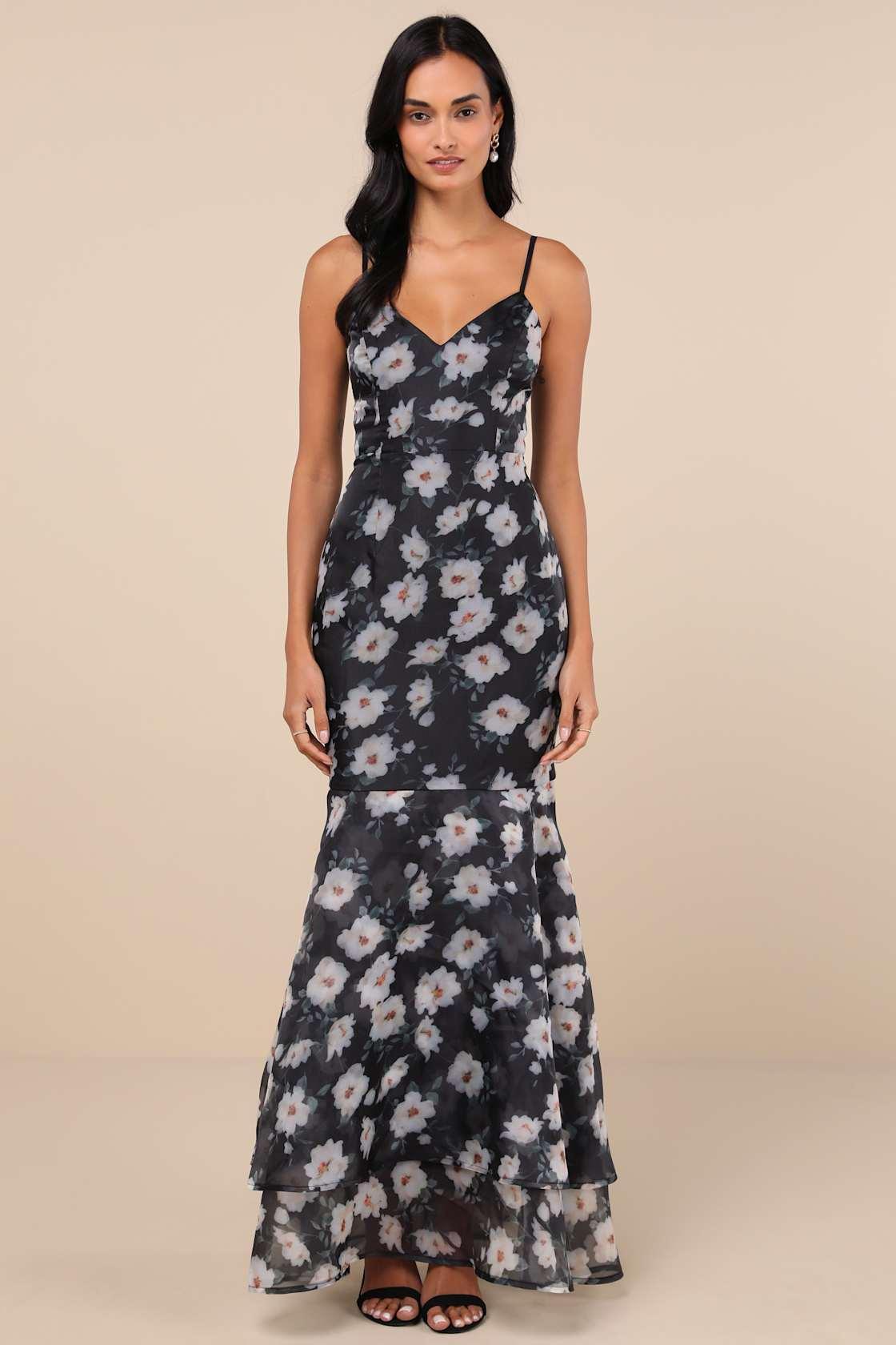 Pure Splendor Black Floral Organza Trumpet Maxi Dress Product Image