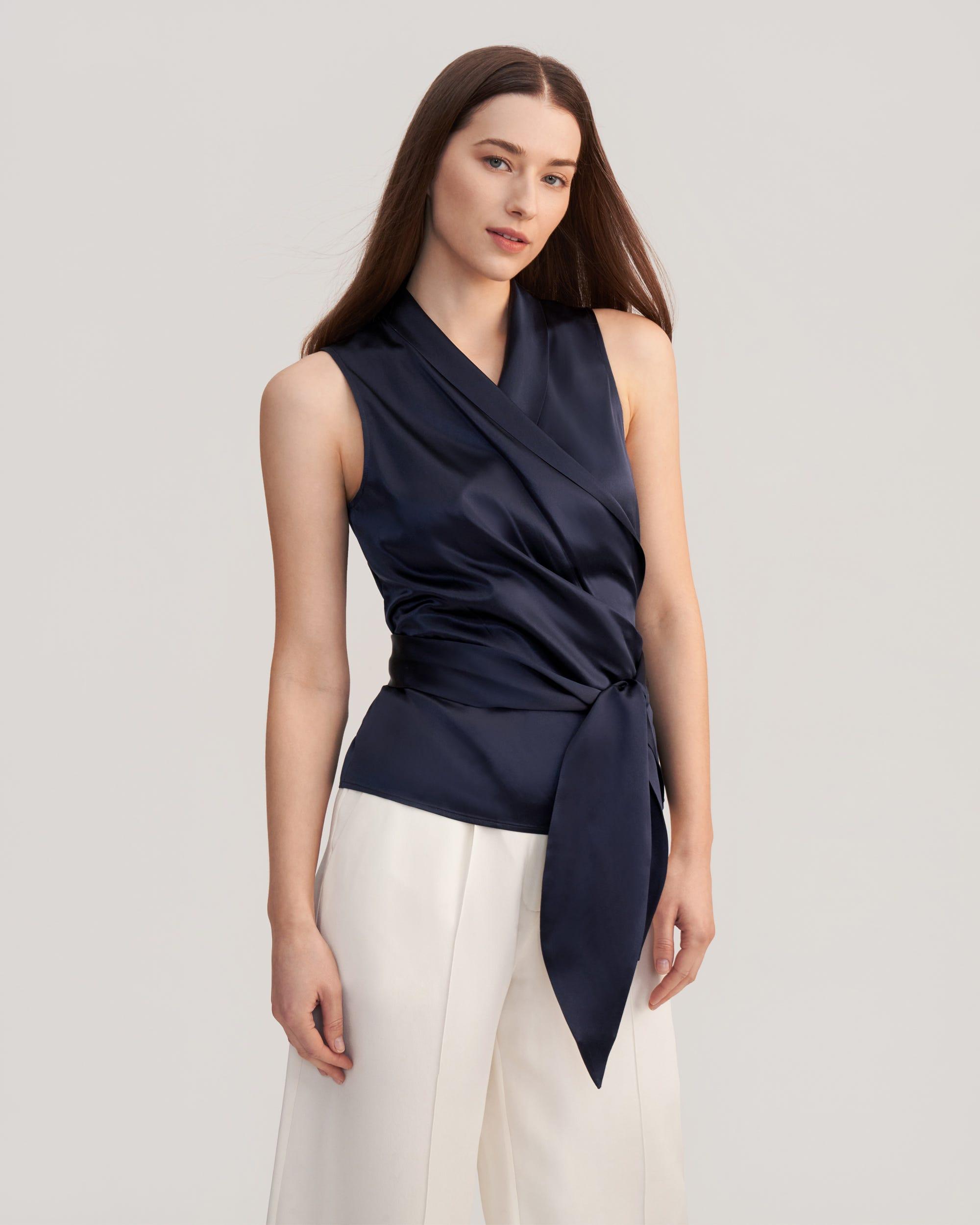 Women Elegant Silk Wrap Blouse Product Image