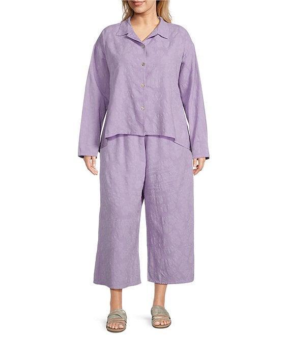 Bryn Walker Plus Size Jacquard Floral Textured Notch Collar 3/4 Sleeve Oversized Button Front Shirt Product Image