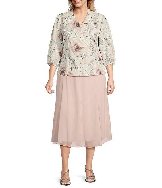 Alex Evenings Plus Size Jacquard Collared V Neck 3/4 Bubble Hem Sleeve Floral Blouse Product Image