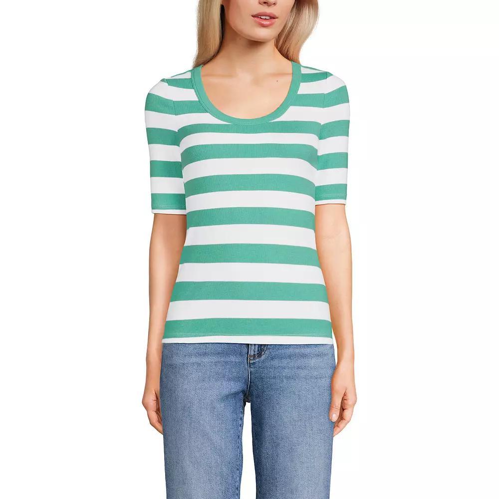 Women's Lands' End Elbow Sleeve Scoop Neck Tee, Size: Large, Frosted Green Stripe Product Image