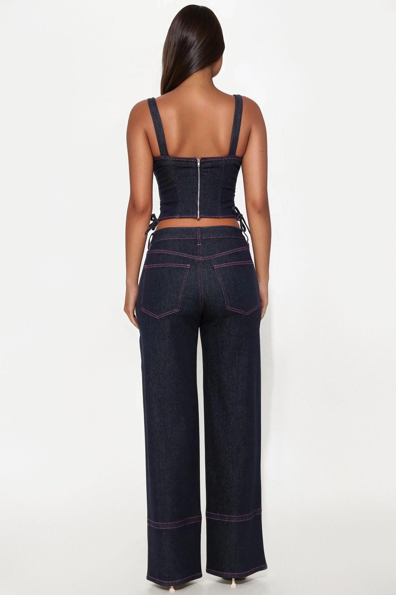 On Duty Denim Wide Leg Pant Sets - Dark Wash Product Image