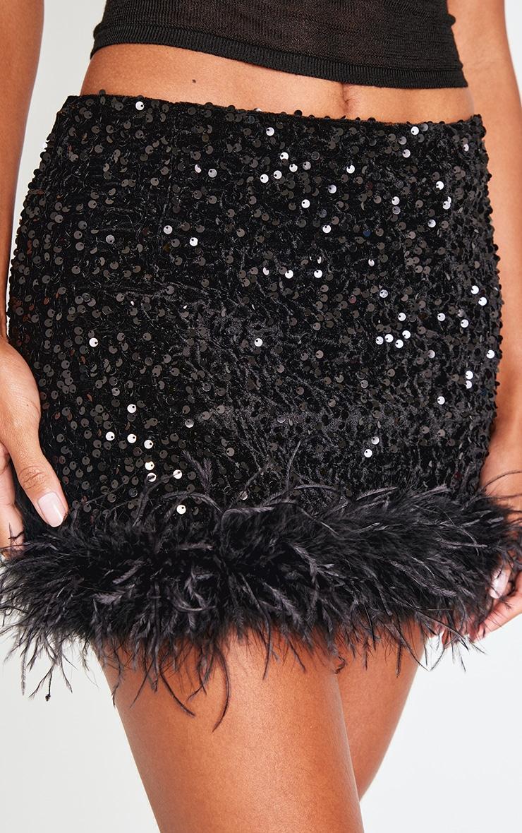 Black Premium Velvet Sequin Feather Hem Mini Skirt Product Image