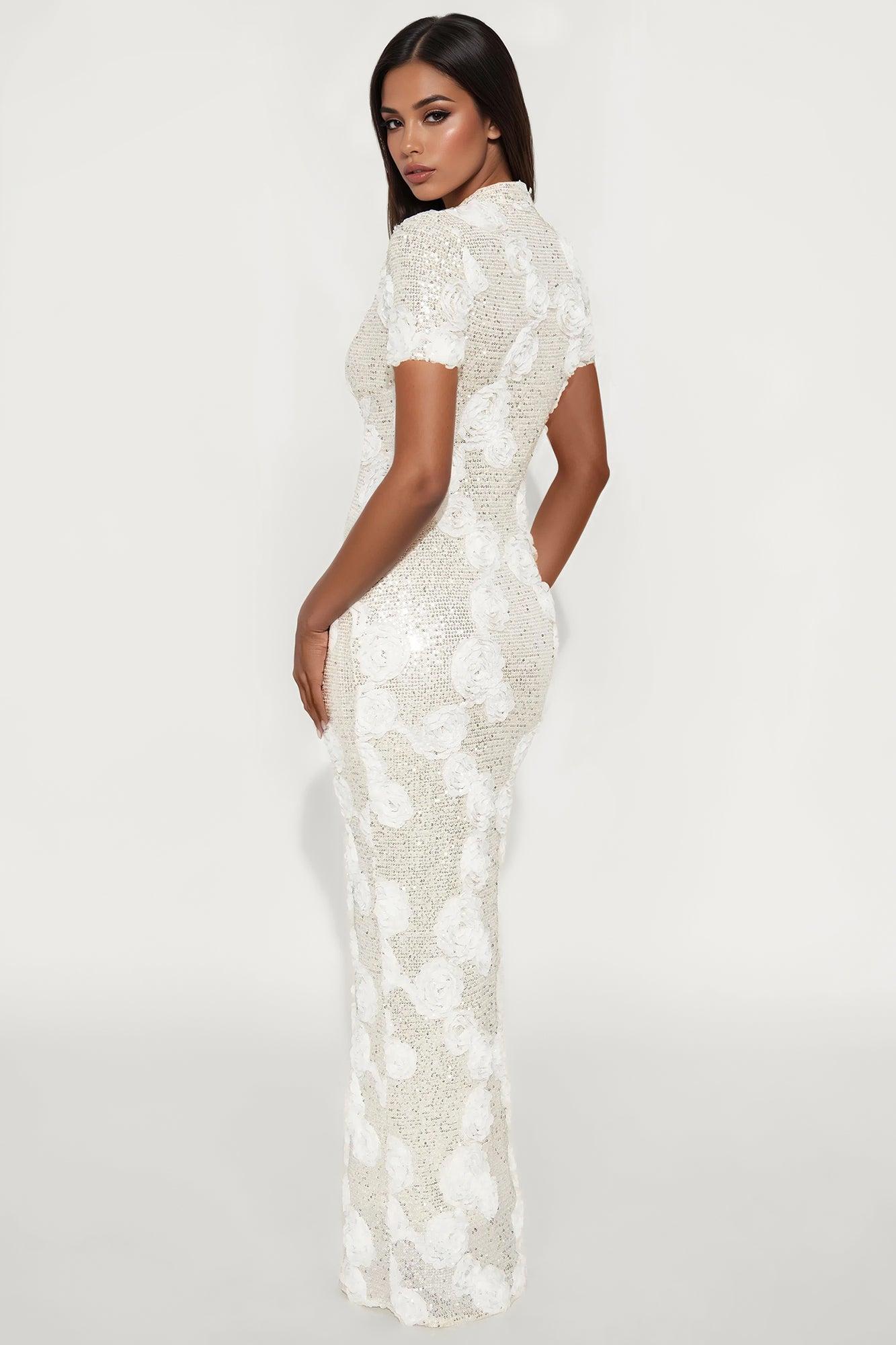 Tayla Mandarin Collar Sequin Gown - Cream Product Image