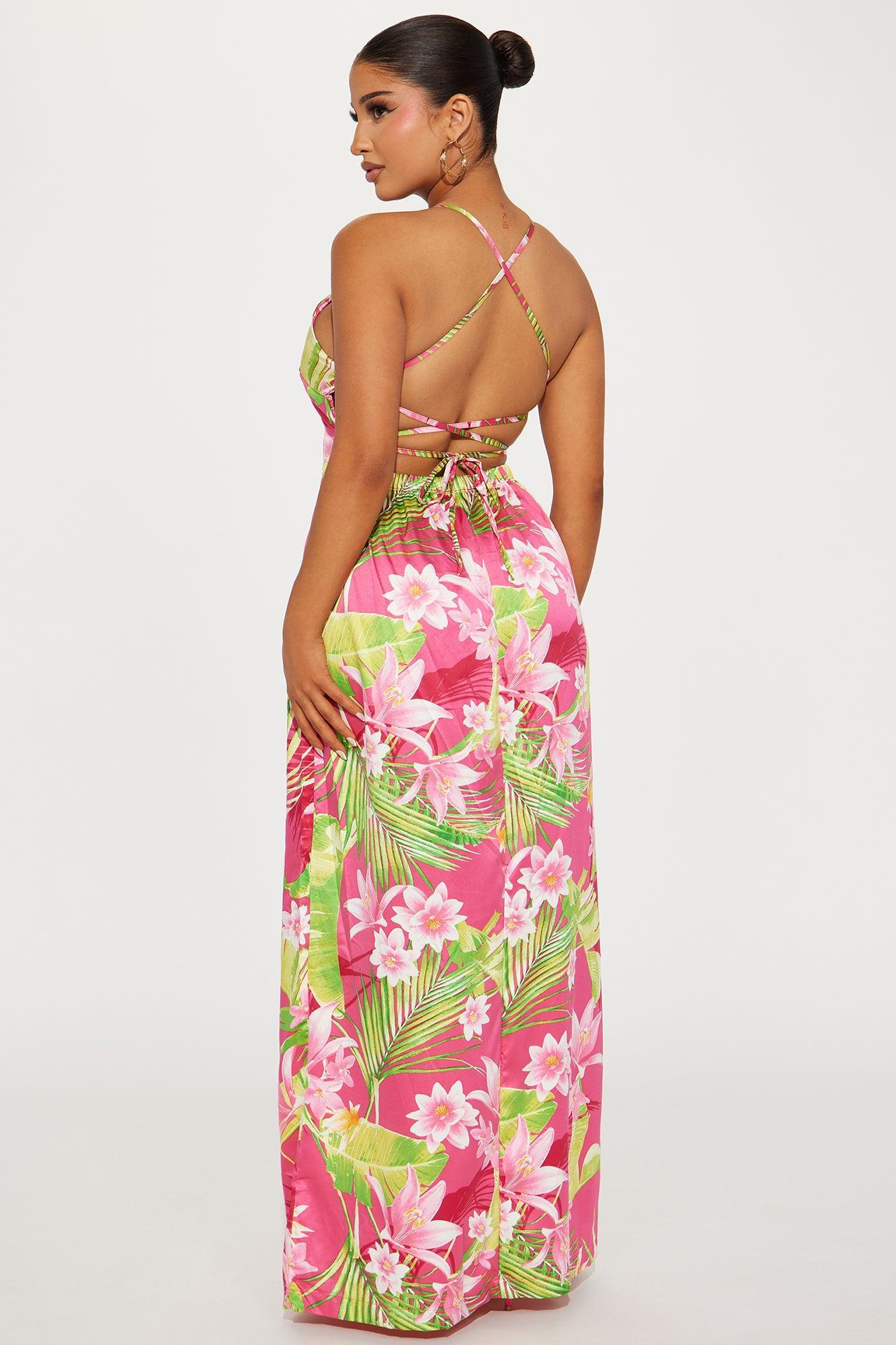 Erin Satin Tropical Maxi Dress - Fuchsia Product Image