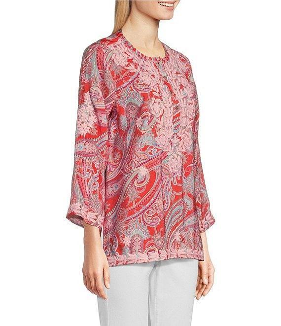 Calessa Woven Embroidered Printed Split V-Neck Wrist Length Sleeve Tunic Product Image