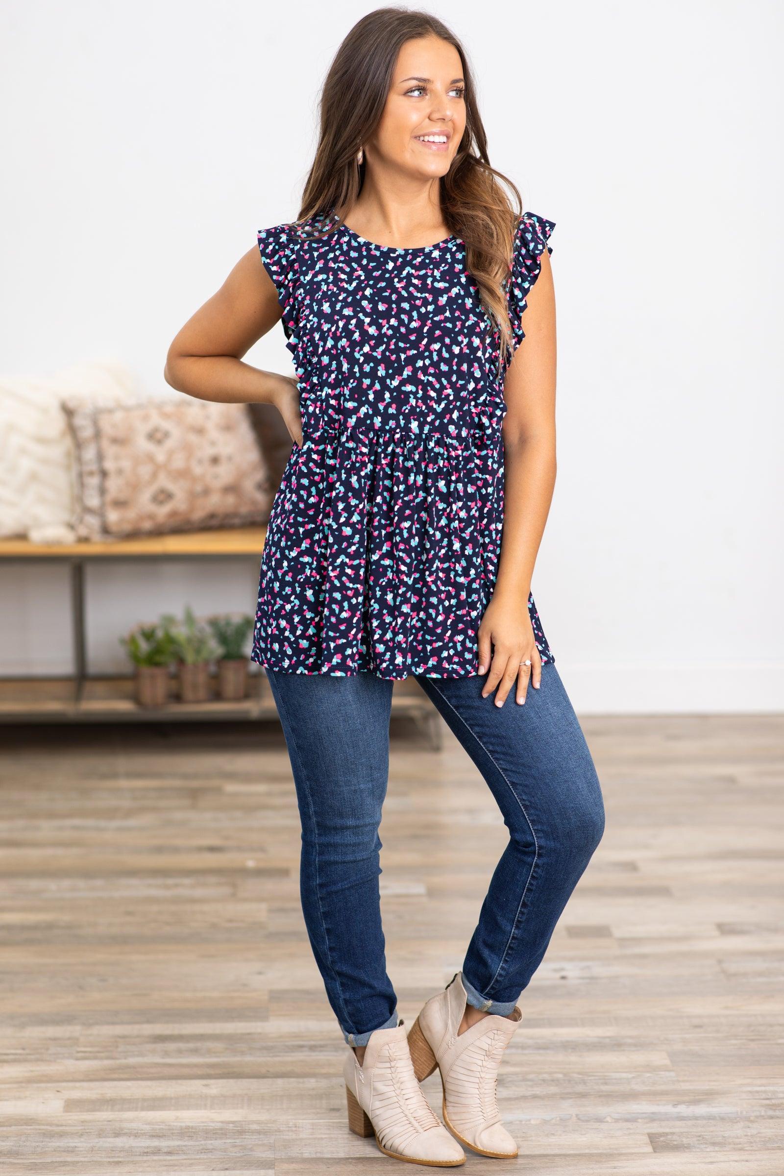 Navy and Neon Pink Abstract Print Babydoll Top Product Image