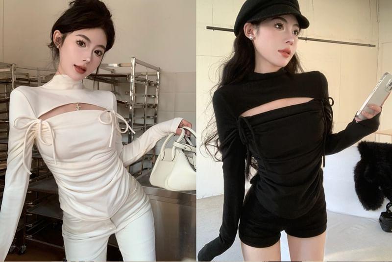Long Sleeve Mock Neck Plain Cutout Bow Ruched Top Product Image