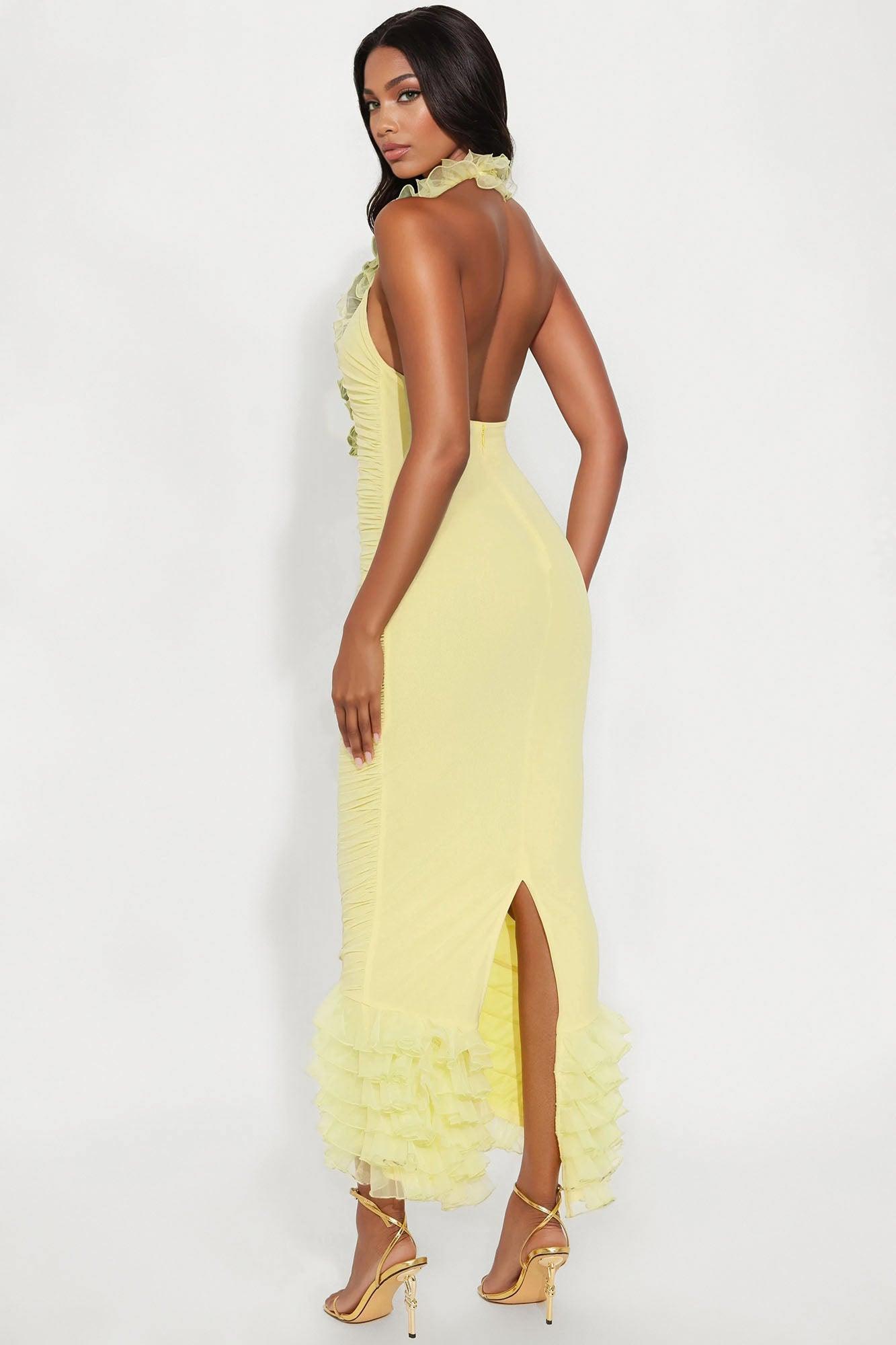 Misty Ruched Mesh Maxi Dress - Butter Yellow Product Image