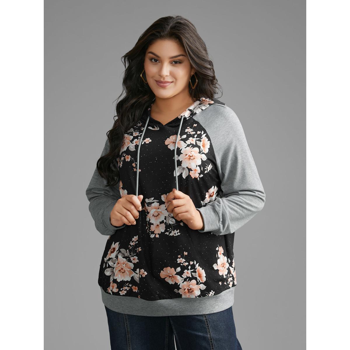 Plus Size Floral Patchwork Hooded Drawstring Sweatshirt Women DarkGray Casual Contrast Hooded Everyday Sweatshirts BloomChic 30/6X Product Image
