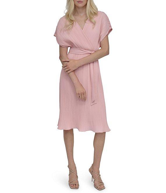 DKNY by Donna Karan Woven Crossover V-Neck Short Dolman Sleeve Belted A-Line Midi Dress Product Image