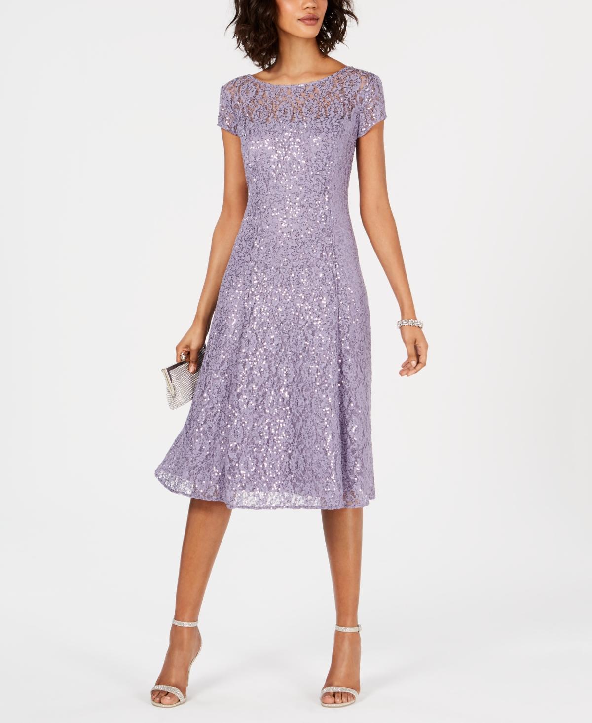 Ignite Evenings Round Neck Short Sleeve Sequin Lace Midi Dress Product Image