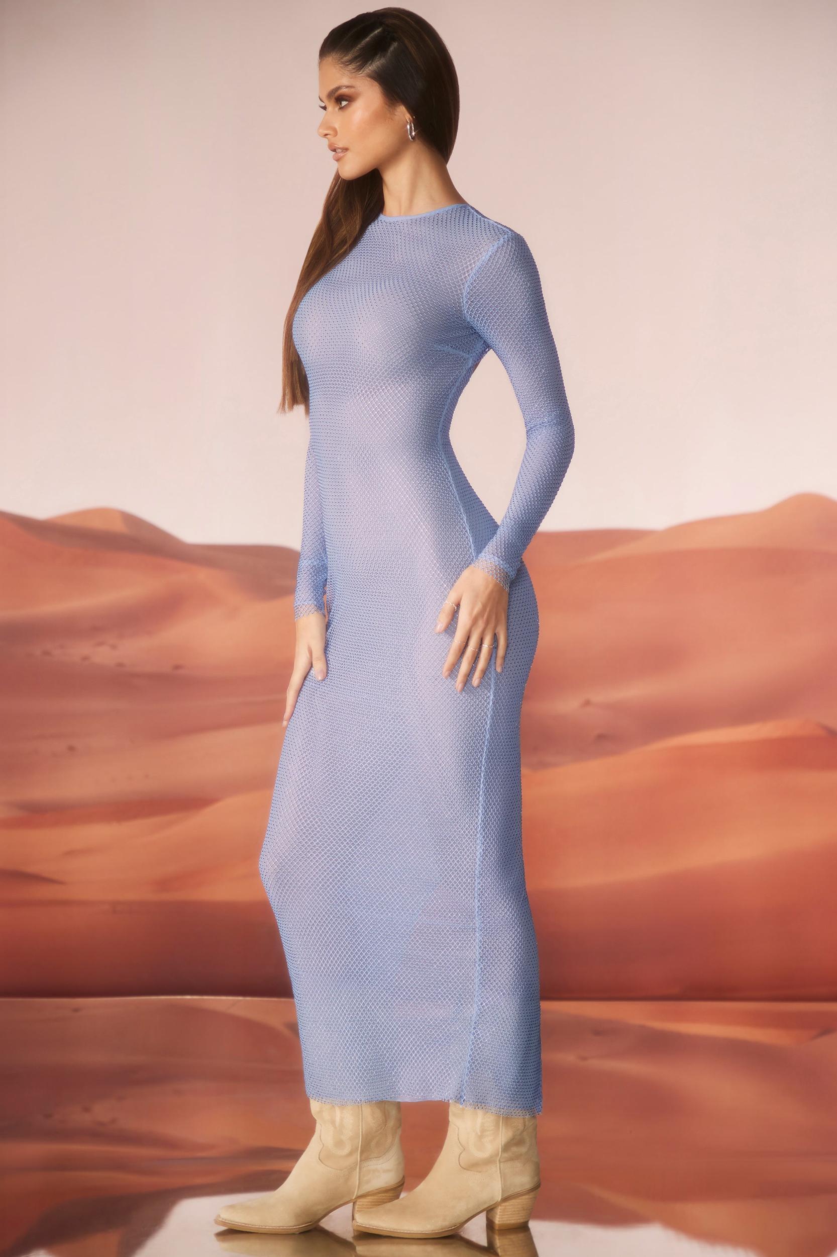 Embellished Long Sleeve Maxi Dress in Blue Product Image