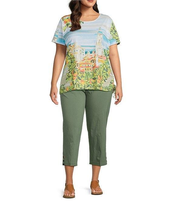 Allison Daley Plus Size Tuscan Village Print Short Sleeve Side Ruched Knit Top Product Image