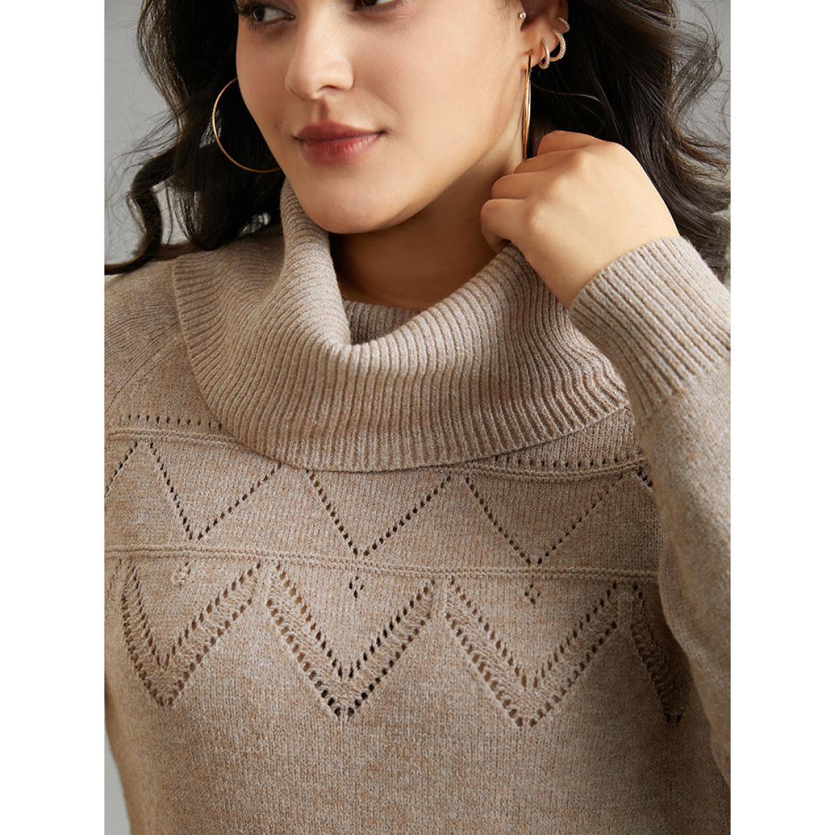 Plus Size Supersoft Essentials Anti-Pilling Turtle Neck Eyelet Pullover LightBrown Women Casual Loose Long Sleeve Turtleneck Dailywear Pullovers BloomChic 30/6X Product Image