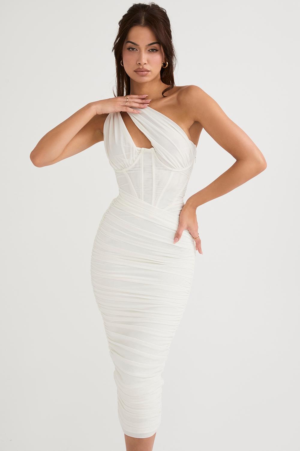 Valentina Ivory Asymmetric Cutout Midi Dress Product Image