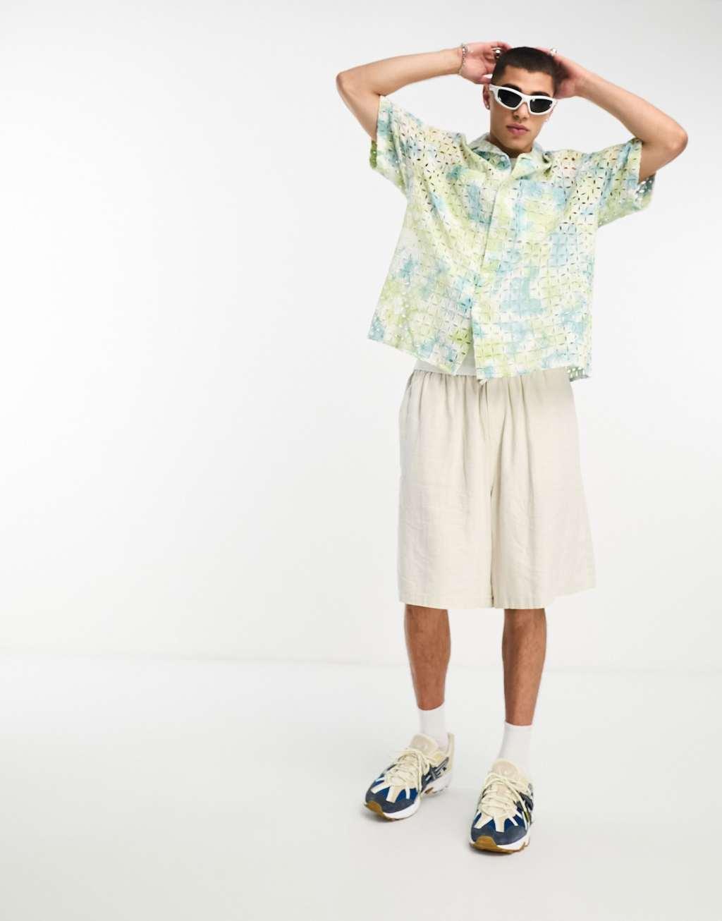 ASOS DESIGN boxy oversized camp collar shirt in green and blue tie dye broderie Product Image
