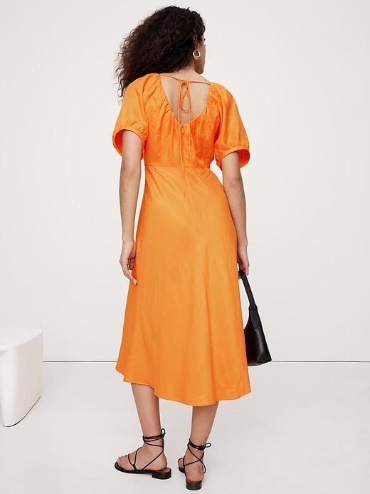 Viscose-Linen Ruched Long Midi Dress Product Image