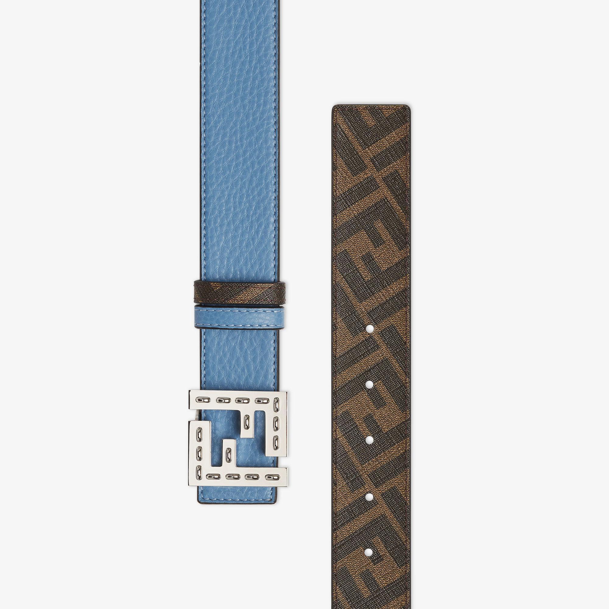 FF Squared BeltLight blue Cuoio Romano leather and black FF canvas reversible belt Product Image