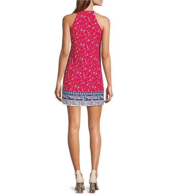 Skies Are Blue Border Floral Print Halter Split-Neck Sleeveless Shift Dress Product Image