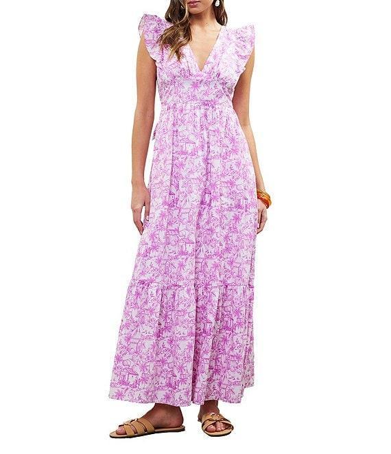 Skies Are Blue Printed V-Neck Flutter Sleeve Tiered Maxi Dress Product Image