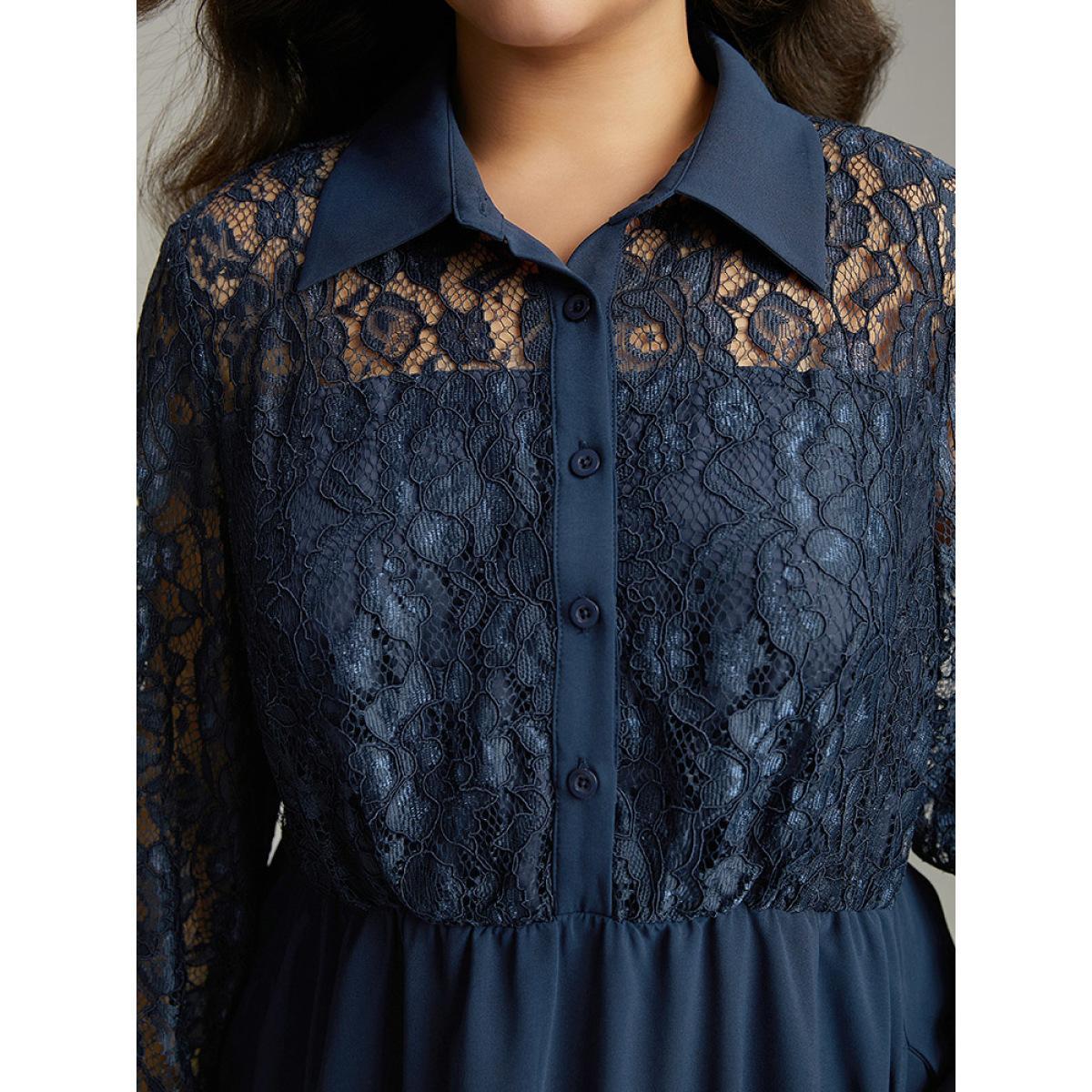 Plus Size Contrast Lace Shirt Collar Ruffle Hem Dress Indigo Women Office Plain Shirt collar Long Sleeve Curvy Midi Dress BloomChic 12/L Product Image